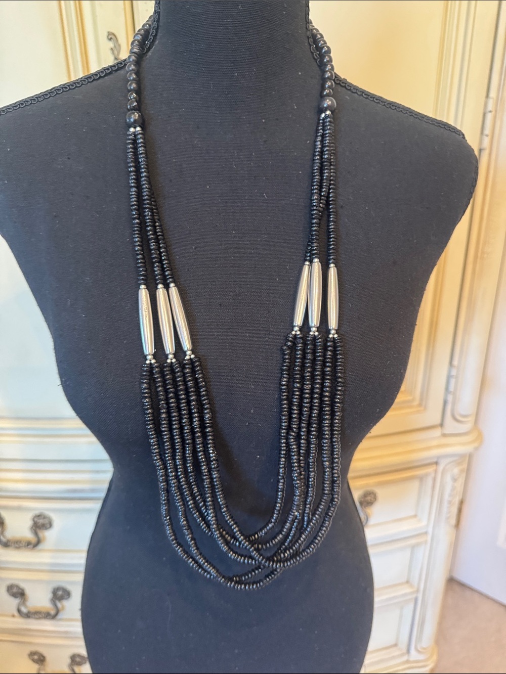 Chico's Black Multi-Strand Beaded Necklace with Silver Tubes